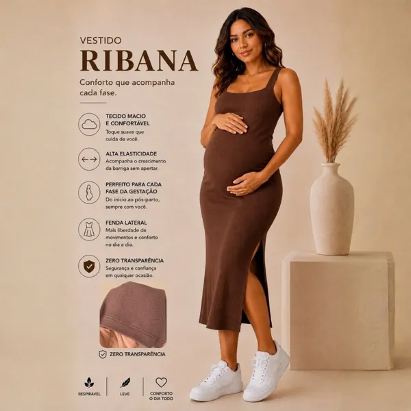 Vestido Longo feminino gestante gravidez com fenda lateral casual diario canelado ribana premium algodão sem manga