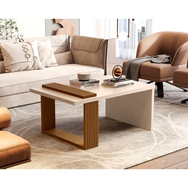 Mesa de Centro Retangular para Sala com Pés Ripados Apoio Lateral Decoração Moderna