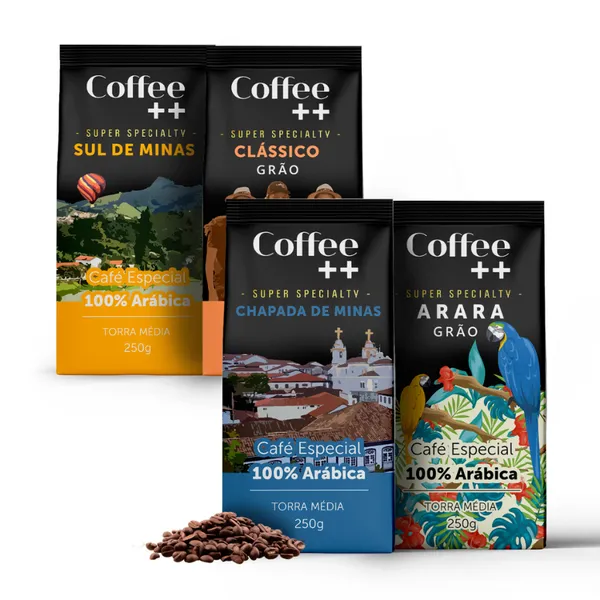 Kit 4 Pacotes Café Especial Em Grãos Coffee Mais Sul de Minas, Clássico, Chapada de Minas e Arara