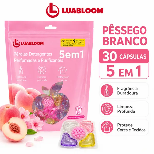 LUABLOOM Sabão Cápsula Lava Roupas 30un 5 em 1 Pêssego Branco Aroma Suave e Fresco
