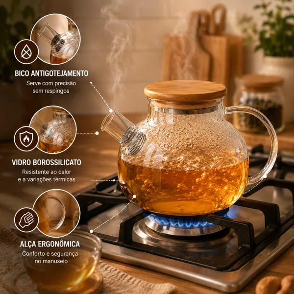 Chaleira de Vidro Borossilicato 1000ml com Filtro Inox e Tampa de Bambu