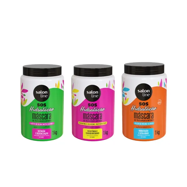 KIT COM 3 MÁSCARAS SOS HIDRATAÇÃO: ULTRA CACHOS + TURBINADA + BIO-RECONSTRUÇÃO SALON LINE