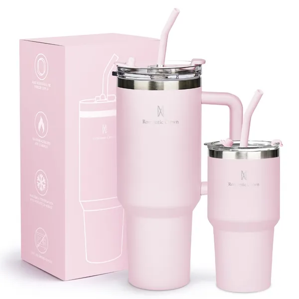 ROMANTIC CROWN KIT 2 COPO TÉRMICO INOX PORTÁTIL 1200ML/600ML GARRAFA TÉRMICA INOXIDÁVEL COM TAMPA E CANUDO