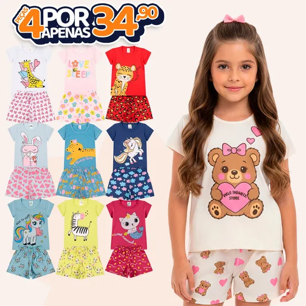 Kit Sortido 4 Peças de Pijamas Infantis para Meninas Confortáveis e Cheios de Estilo - 2 Camisetas + 2 Shorts