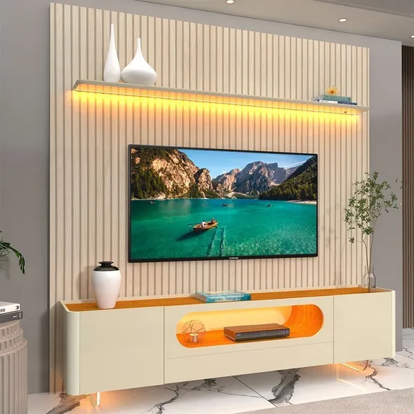 Rack com Painel Ripado para TV até 90 Polegadas 100% MDF com LED 224CMX310,5cm 1 Gaveta 2 Portas Vidro Requinte Nobre