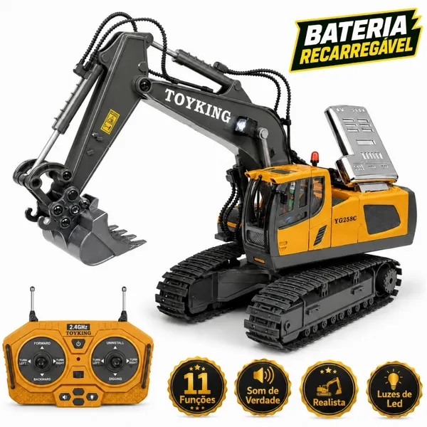 Escavadeira de Controle Remoto Trator Som Luz Recarregável Brinquedo de Menino