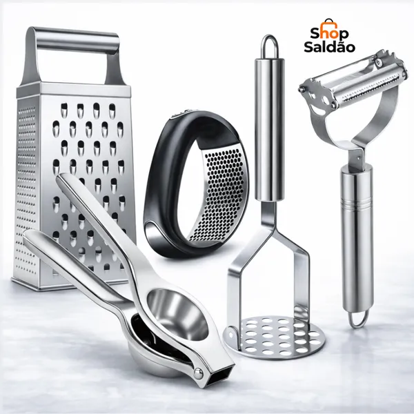 Kit Utensílios Inox 3 ou 5 Peças – Amassador, Espremedor, Descascador e Mais (Escolha a Variação)