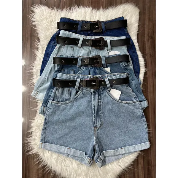 Short Mom Jeans Sem Lycra Com Cinto Couro Feminina