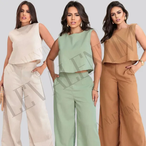 Conjunto Alfaiataria Social Feminino Calça  e Blusa Em Linho