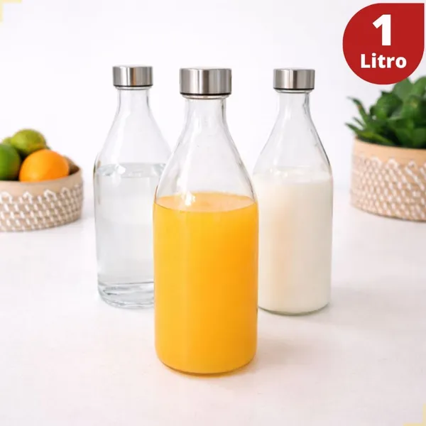 Garrafa de Vidro 1 Litro Tampa Inox Para Água Suco Leite Geladeira Jarra Fechamento Hermético