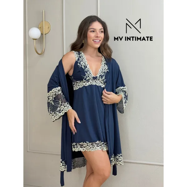 Kit Robe e Camisola Curto Luxo em Microfibra Light com Renda Bicolor