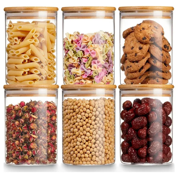 JOGO 6 POTES HERMETICO VIDRO 400ML ALIMENTOS TAMPA BAMBU