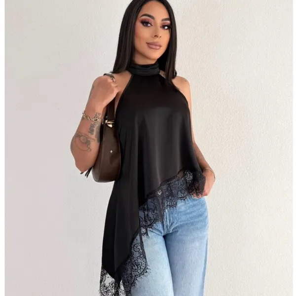 Blusa Feminina Gola Alta Assimétrica Frente Única Com Renda Bata sofisticada Elegante Tendência Inverno