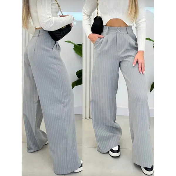 Calça Pantalona Alfaiataria Wide Leg Modelo listrado.