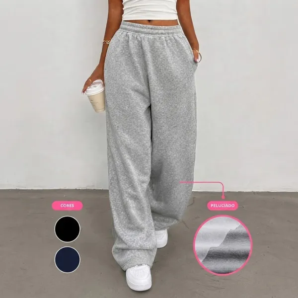 Calça Moletom Baggy Unissex Larga Grossa Peluciada Streetwear Wide Leg Versátil Confortável
