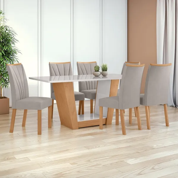 MESA 1,70 APOGEU COM VIDRO + 06 CAD.APOGEU TECIDO VELUDO LISO CAPUCCINO AMENDOA CLE/OFF