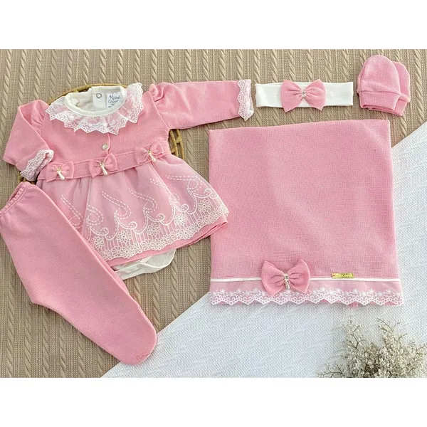 Saída de Maternidade Mundo Colorido – 6 Peças em Malha Tricô: Vestido, Body, Manta, Luvas e Tiara