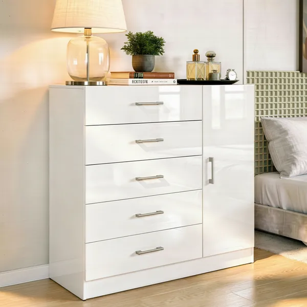 CÔMODA MIAMI 5 GAVETAS 1 PORTA SAPATEIRA ORGANIZADORA QUARTO MODERNO BRANCO OFF WHITE - BLUE MOBY