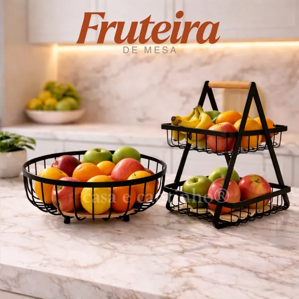 Fruteira de Mesa 2 Andares Ferro e Bambu Multiuso Organizador Cesto de Frutas Decorativa de Bancada