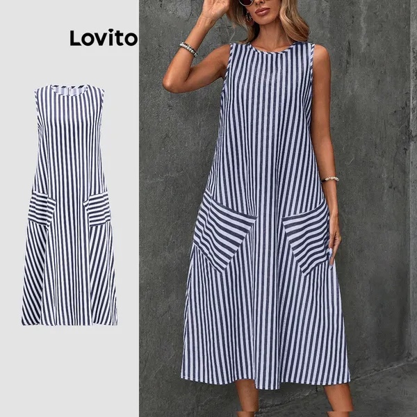 Lovito Casual Vestido Vestido Listrado Com Bolso Para Mulheres LBL18851