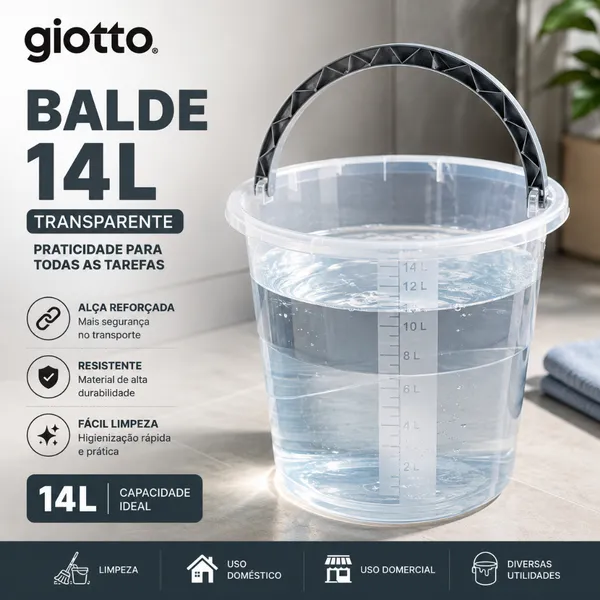 Balde 14L Transparente com Alça Cinza e Medidor Multiuso Cozinha Lavanderia Limpeza Giotto