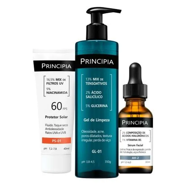 Kit Trio Limpeza, Hidratação e Proteção c/ Gel de Limpeza GL-01 + Sérum Hialurônicos AH-2 + Protetor Solar PS-01 FPS60