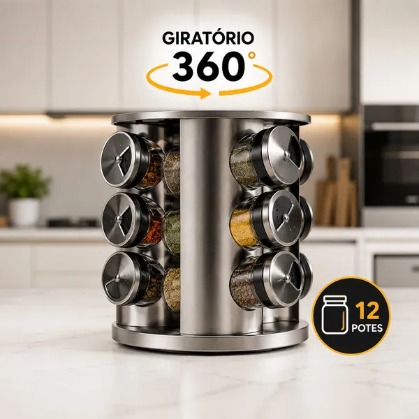 Porta Condimentos INOX 12 Potes Vidro Base 360° Cozinha Giratório Premium