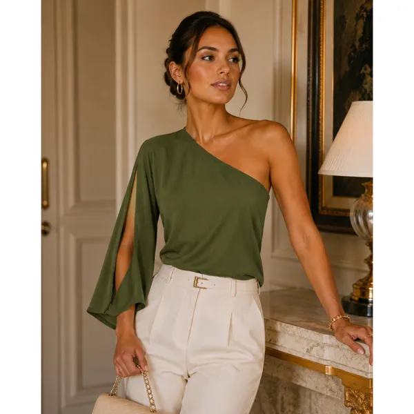 Blusa Feminina Um Ombro Manga Longa Assimétrica Elegante Social Tecido Duna Premium