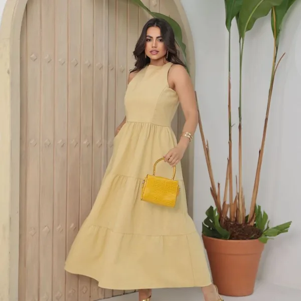 Vestido Feminino Sem Manga Midi Elegante Soltinho Casual Festa Linho Premium