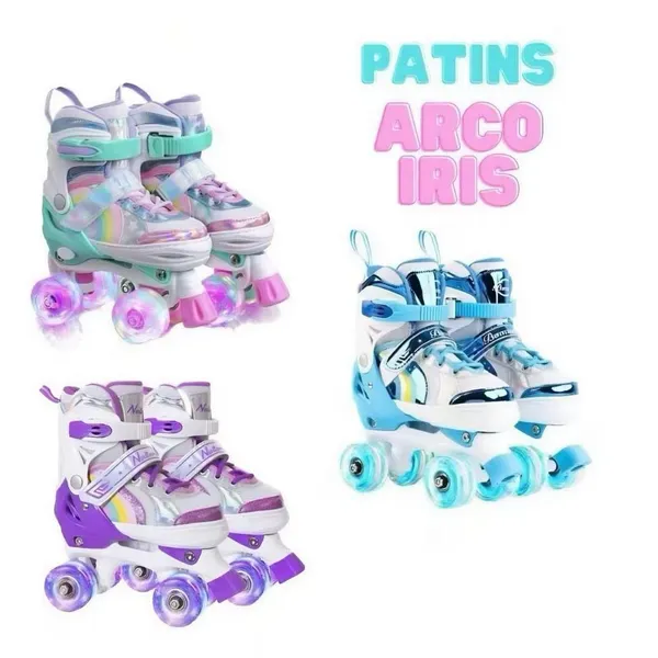 Patins Infantil 4 Rodas Arco ÍRIS Com Luz De LED Ajustável+Kit Proteção e Sem Kit Proteção