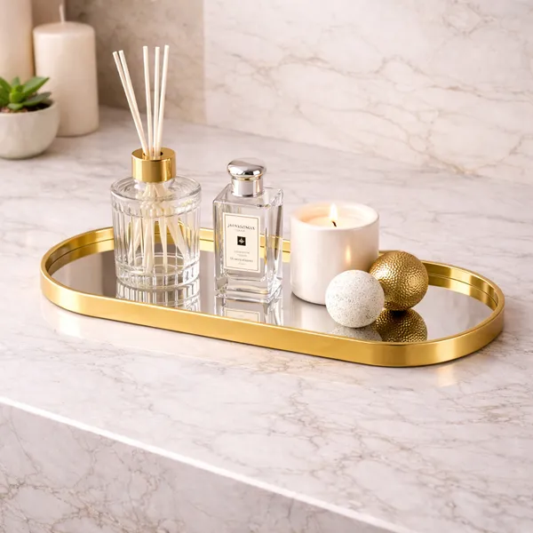 Bandeja ​Espelhada Banheiro Lavabo Bandeja Decorativa Multiuso Preta Dourada