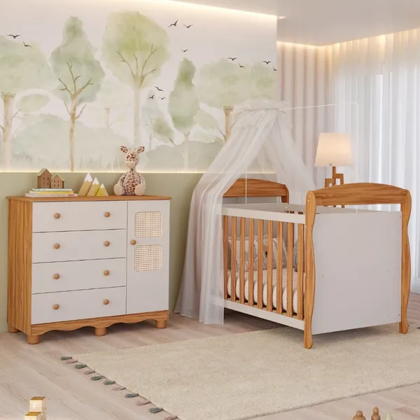 Quarto Bebê Completo Berço Americano Marquesa 3em1 Cômoda 1 Porta 4 Gavetas Telinha Off White 100%MDF