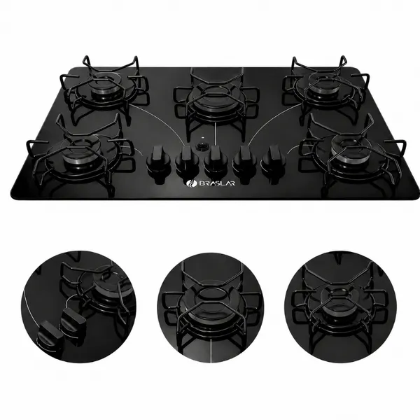COOKTOP A GÁS BRASLAR POP 5 BOCAS - QUEIMADOR CENTRAL 3000W E TREMPES INDIVIDUAIS - BIVOLT