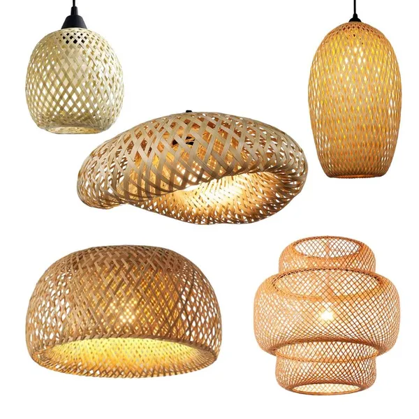 Conjunto Lustres Teto Luminária Pendente Bambu Rattan Rústico Trançado Artesanal Fibra Natural