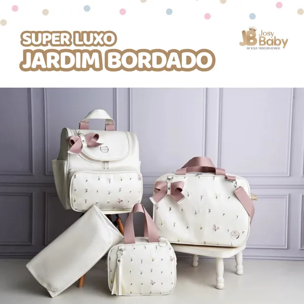 bolsa maternidade Luxo kit 4 peças mala mochila 2 em 1 frasqueira e trocador - Jardim Bordado Clássico, Menino/Menina