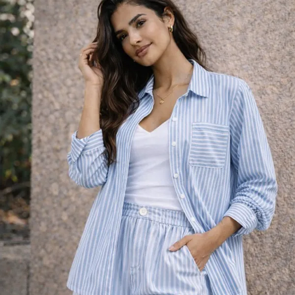 Conjunto LISTRADO Crepe - Camisa Manga Longa COM Short com Elástico e Botão