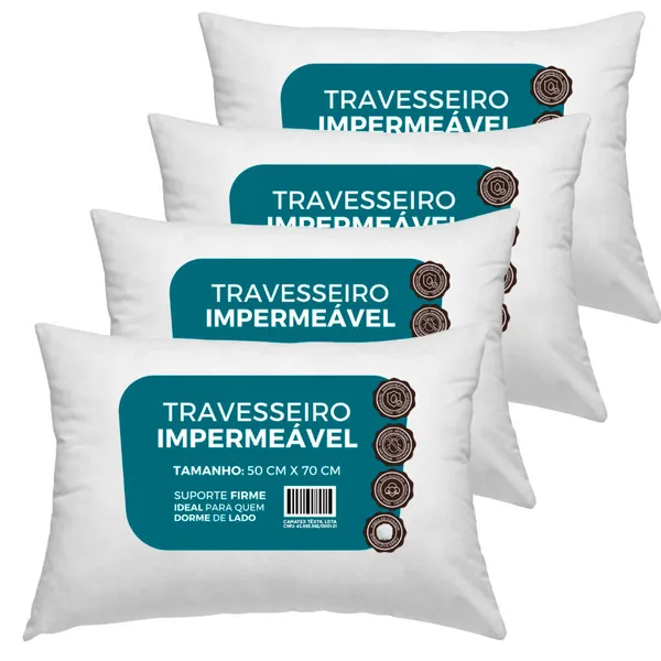 Kit 4 unidades travesseiros impermeável 50x70cm suporte firme fibra siliconada percal 100% algodão