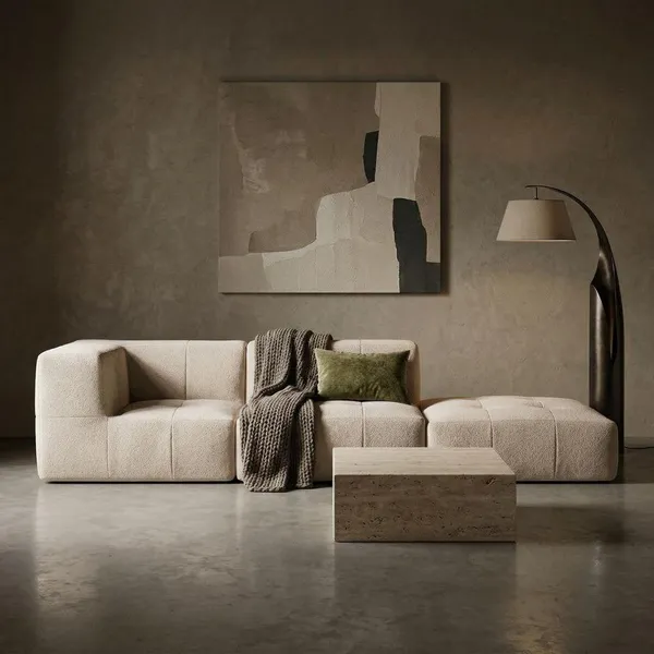 Sofá Modular 2 Lugares 1 Braço com Chaise em Boucle Confortável Para Sala Moderna Premium