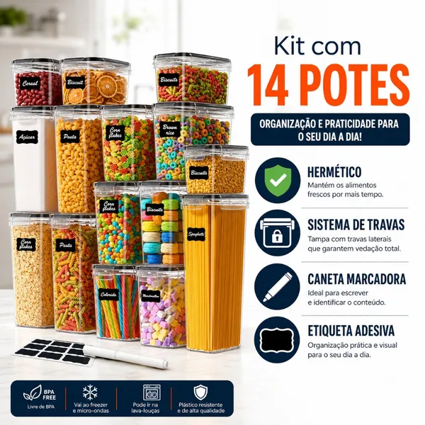 KIT 14 POTES HERMÉTICOS EMPILHÁVEIS QUADRADO RESISTENTE PLÁSTICO COZINHA DISPENSA ALIMENTOS E BEBIDA