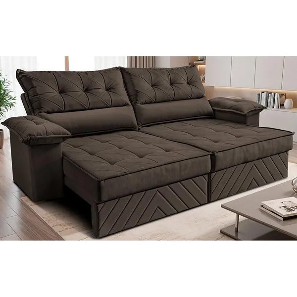 Sofá Retrátil e Reclinável 2,40m com Molas e Espuma D33 Thunder. Velusoft Cama inBox