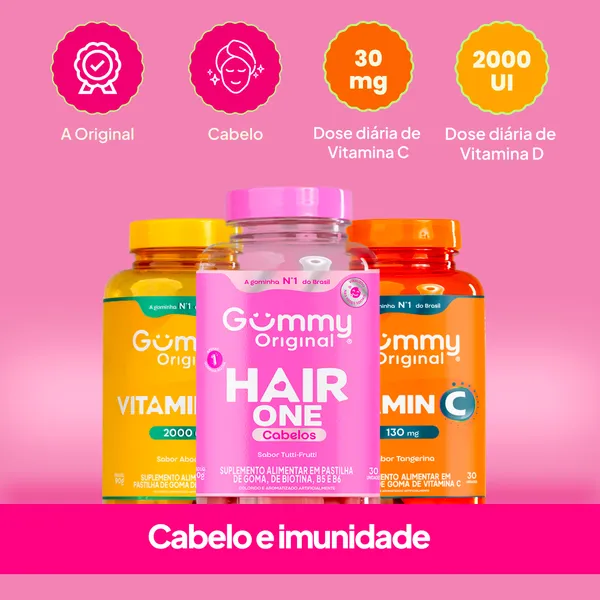 Kit 3 Gummy Original Hair + Vitamina C + D Bem-estar e beleza