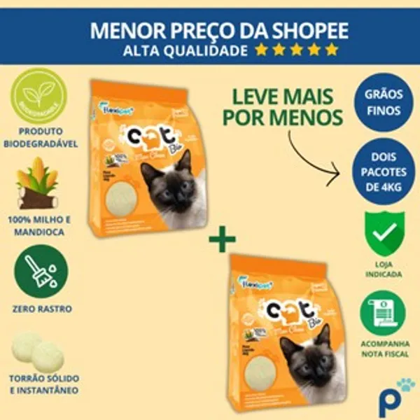AREIA HIGIÊNICA BIODEGRADÁVEL CATBIO 8KG (2 PACOTES DE 4 KG) - MAX CLEAN - GRÃOS FINOS - NOVO