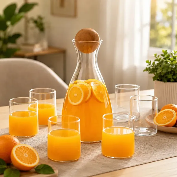Kit Jarra de Suco e Água de Vidro Borossilicato 1,7 Litros + 6 Copos 280ml com Tampa de Madeira