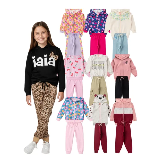 Kit 6 Peças Conjunto Infantil Menina Moletom Peluciado Quentinho 3 Casacos + 3 Calças 1 ao 12 Anos
