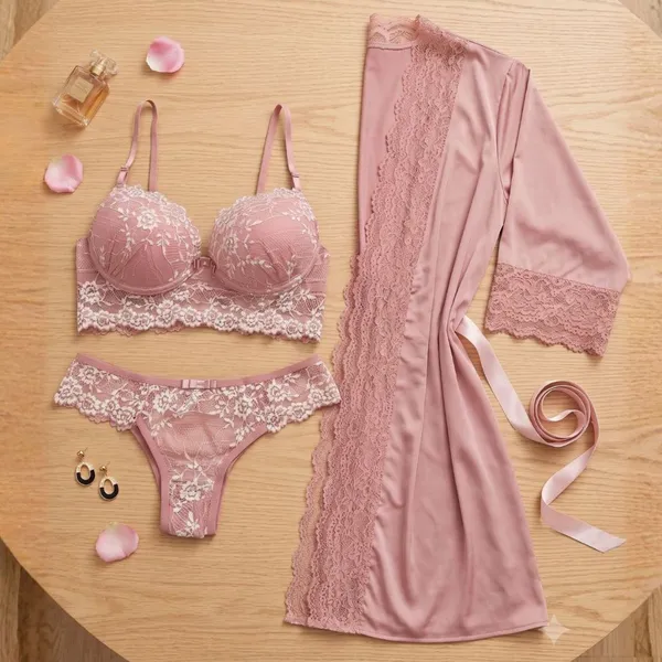 KIT Conjunto Lingerie com Renda Bicolor Com bojo Antonella + ROBE Luxo Romantic com Renda.