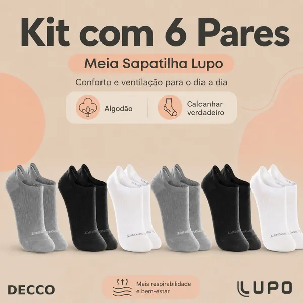 Kit De 6 Pares Meias Cano Invisível Lupo Sport Algodão Soquete Sapatilha Unissex
