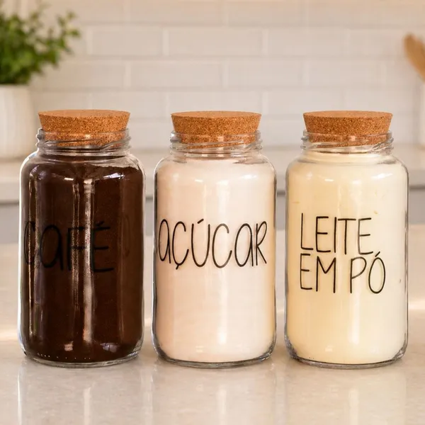 Kit Cantinho do Café + Açúcar + Leite em pó | 3 potes de Vidro 810 ml + tampa rolha cortiça| Pote Mantimento