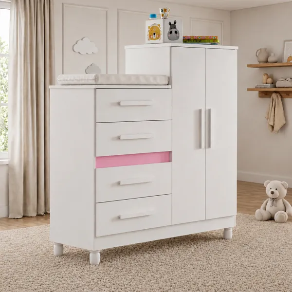 Cômoda Infantil Bebê Incluso Colchão Guarda Roupa 4 Gavetas Cabideiro Quarto de Bebê Organizadora