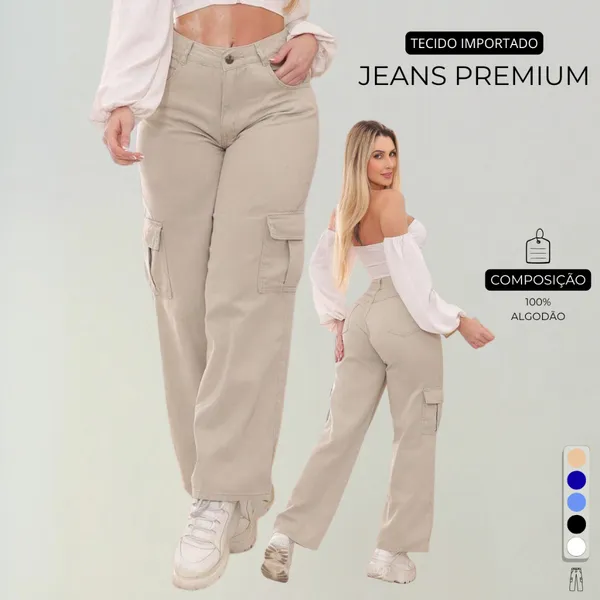 Calça Cargo Feminino Jeans Cintura Alta 34 Ao 44 + 5 Cores