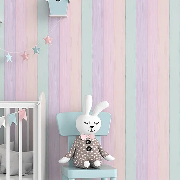 Papel de Parede Para Quarto Infantil Menina Listrado Madeira Ripado Colorida Autocolante Lavável